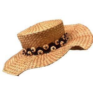 Eric Javits NWT Vintage 1990 Straw Hat Boho Chic Wide Brim Beaded Band Western